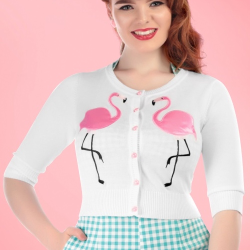 White with pink Flamingo retro cardigan by Collectif London-Small